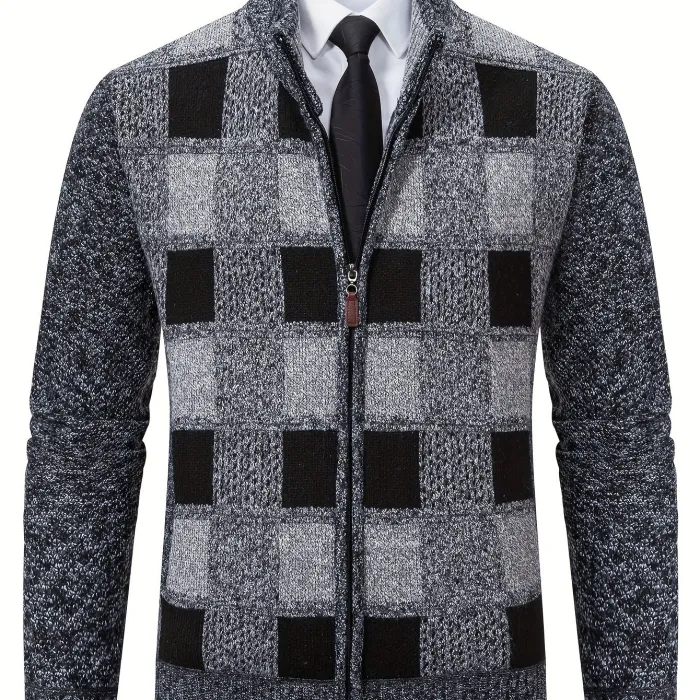 Modischer Herren Cardigan mit Retro-Karomuster und Stehkragen – Ideal für die Kalte Jahreszeit