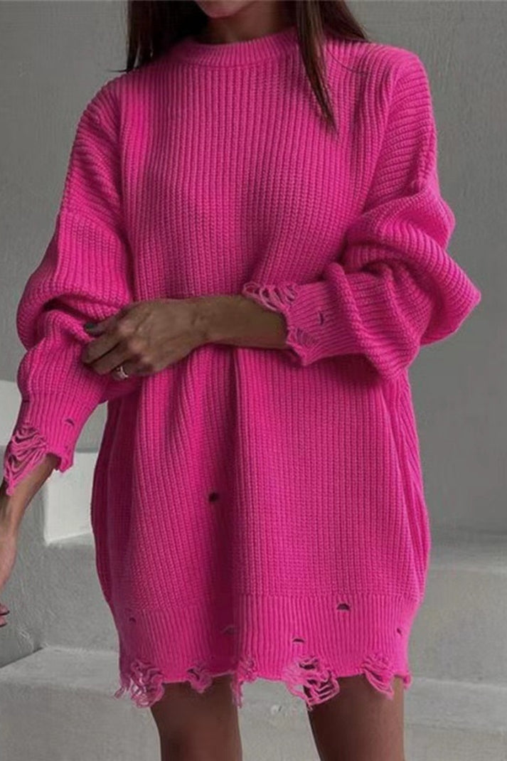 Modischer Damenpullover mit O-Ausschnitt und Ripped-Design in Einfarbigem Aussehen