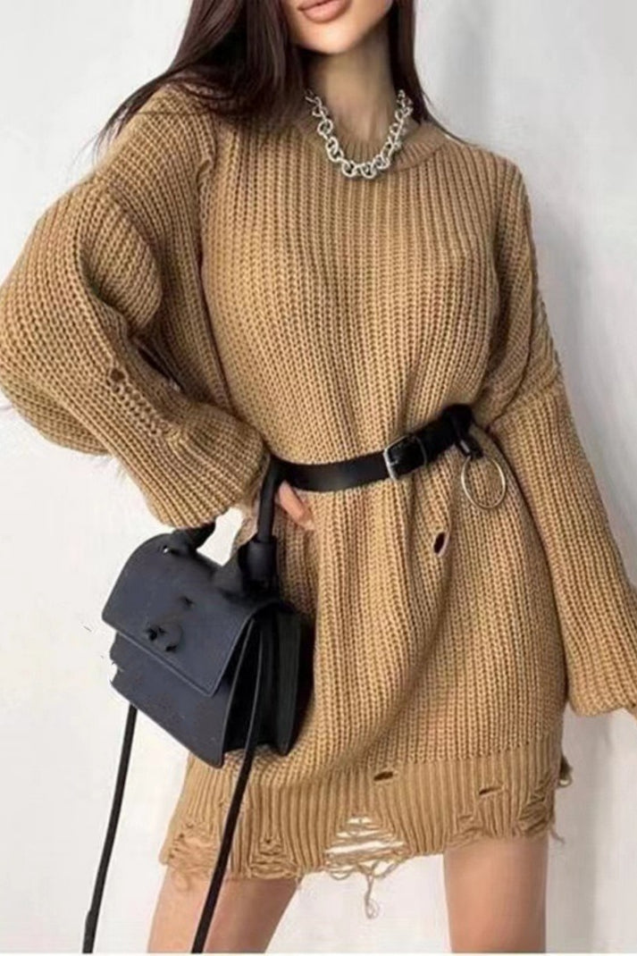 Modischer Damenpullover mit O-Ausschnitt und Ripped-Design in Einfarbigem Aussehen