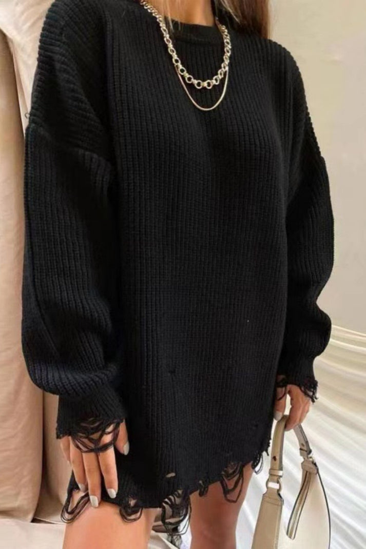 Modischer Damenpullover mit O-Ausschnitt und Ripped-Design in Einfarbigem Aussehen