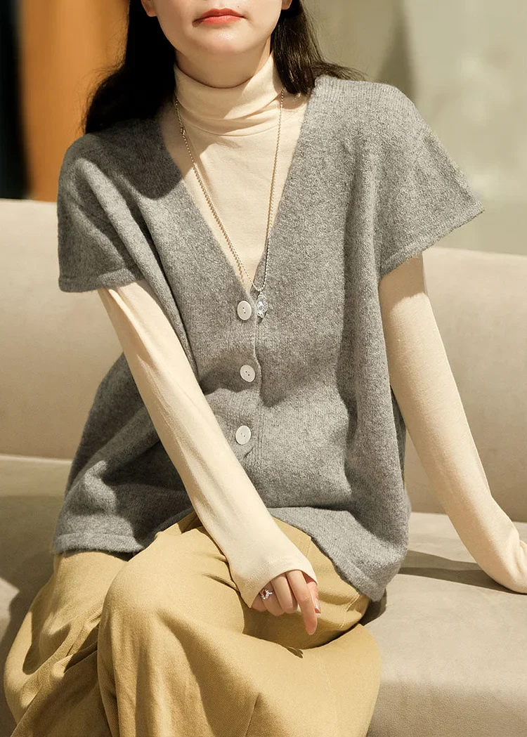 Damen Strickweste mit V-Ausschnitt und Knöpfen - Beige Kurzarm Weste
