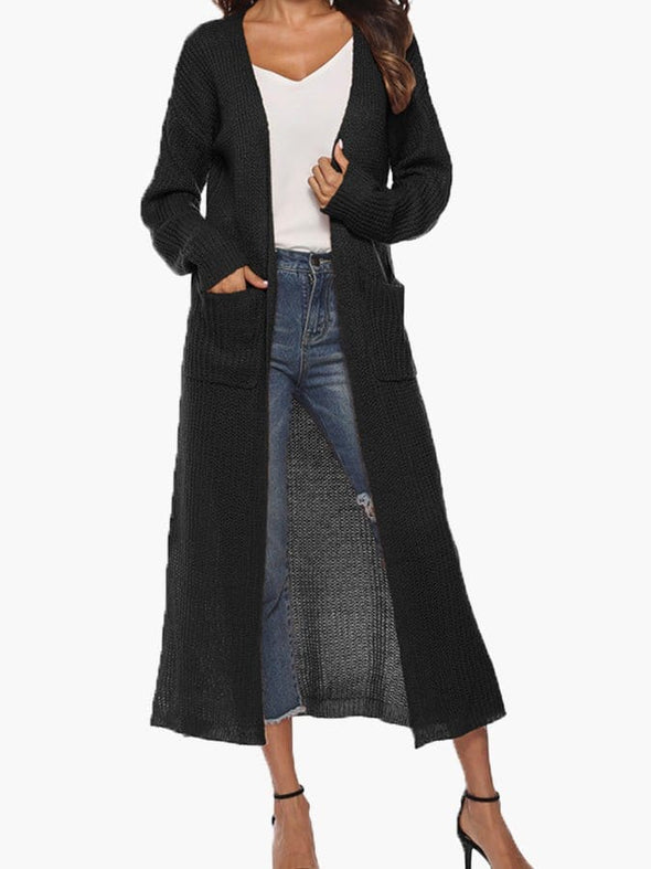 Stylische Lange Damen Strickjacke mit Praktischen Taschen und Seitenschlitzen