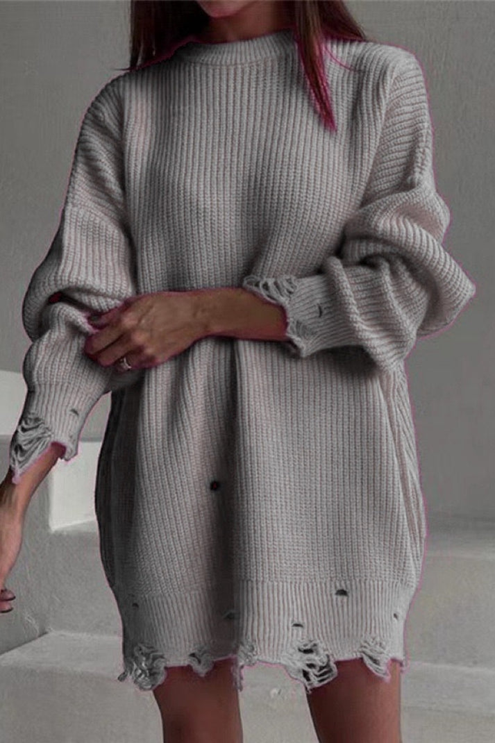 Modischer Damenpullover mit O-Ausschnitt und Ripped-Design in Einfarbigem Aussehen