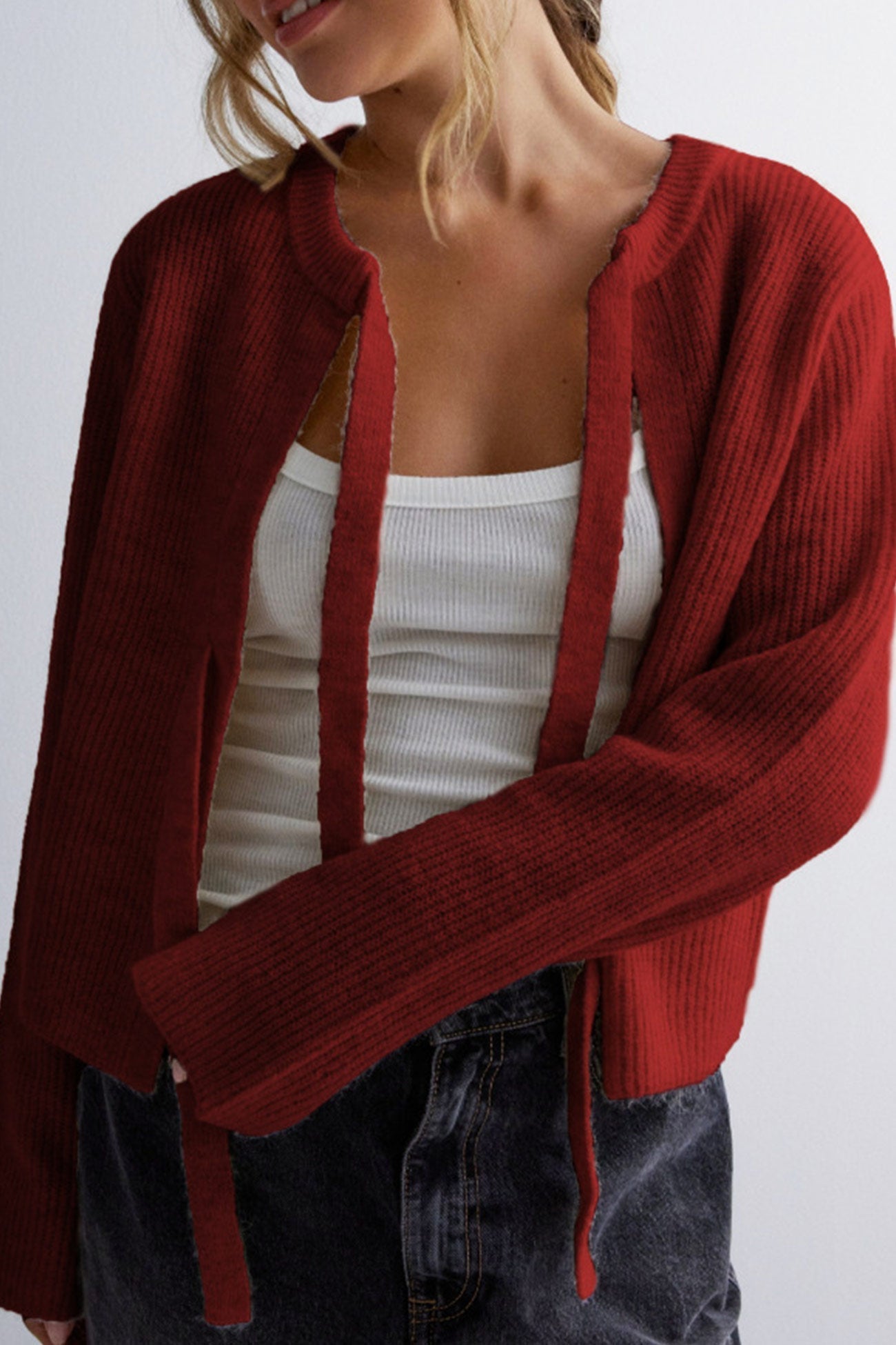 Damen Cardigan mit Rippstrickmuster und Bindeband – Kurz und stilvoll
