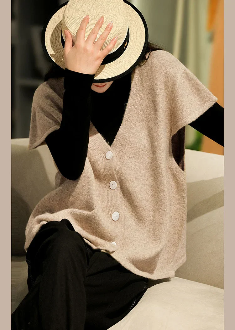 Damen Strickweste mit V-Ausschnitt und Knöpfen - Beige Kurzarm Weste