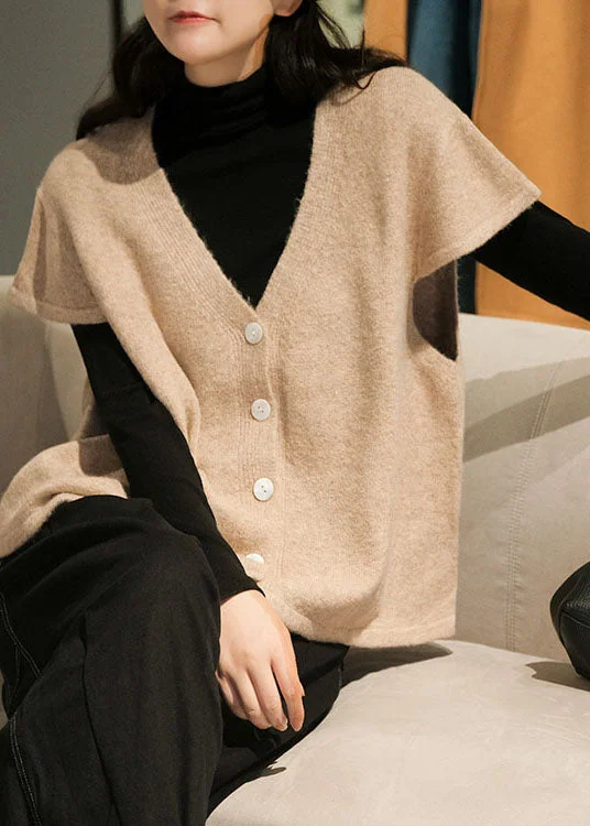 Damen Strickweste mit V-Ausschnitt und Knöpfen - Beige Kurzarm Weste