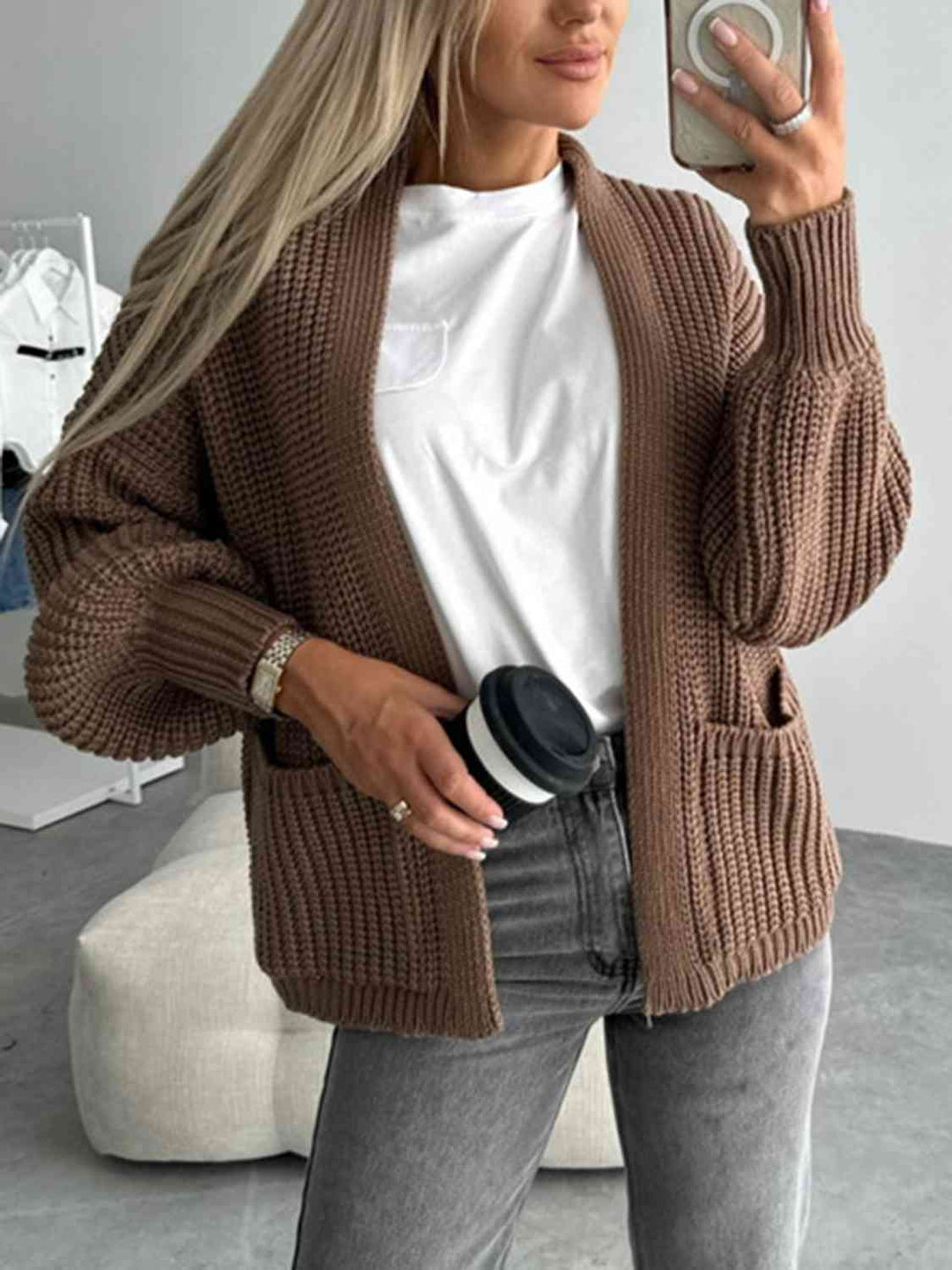 Offener Damen-Cardigan mit überschnittener Schulter – Bequeme lange Strickjacke