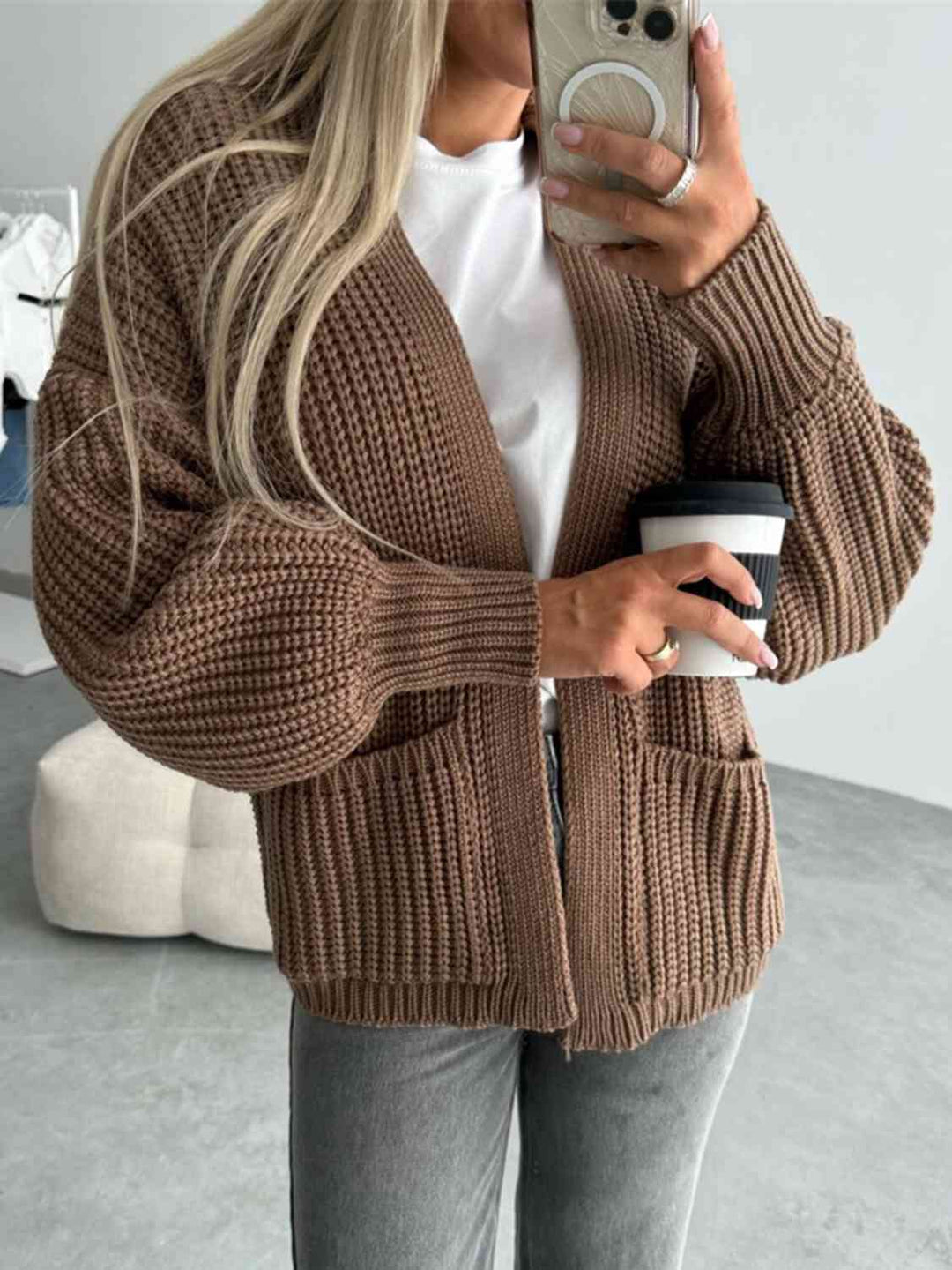 Offener Damen-Cardigan mit überschnittener Schulter – Bequeme lange Strickjacke