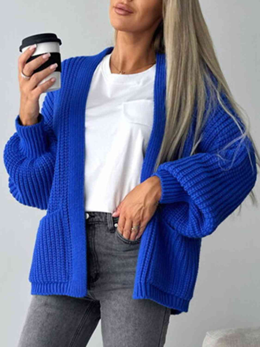 Offener Damen-Cardigan mit überschnittener Schulter – Bequeme lange Strickjacke