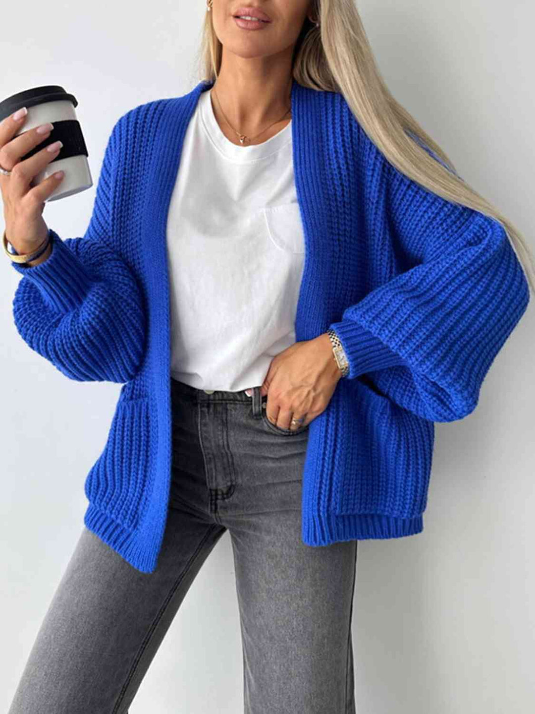 Offener Damen-Cardigan mit überschnittener Schulter – Bequeme lange Strickjacke