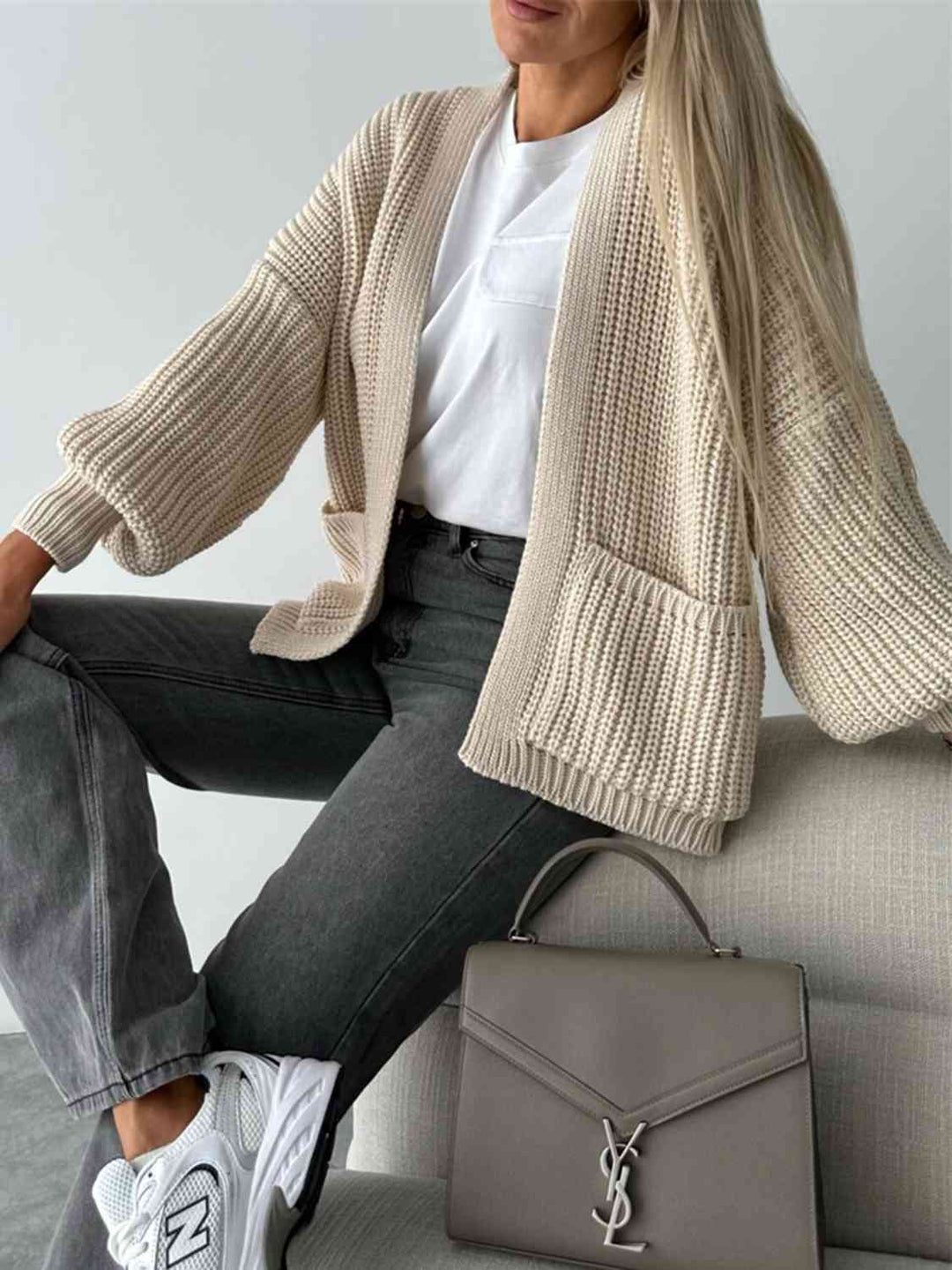 Offener Damen-Cardigan mit überschnittener Schulter – Bequeme lange Strickjacke