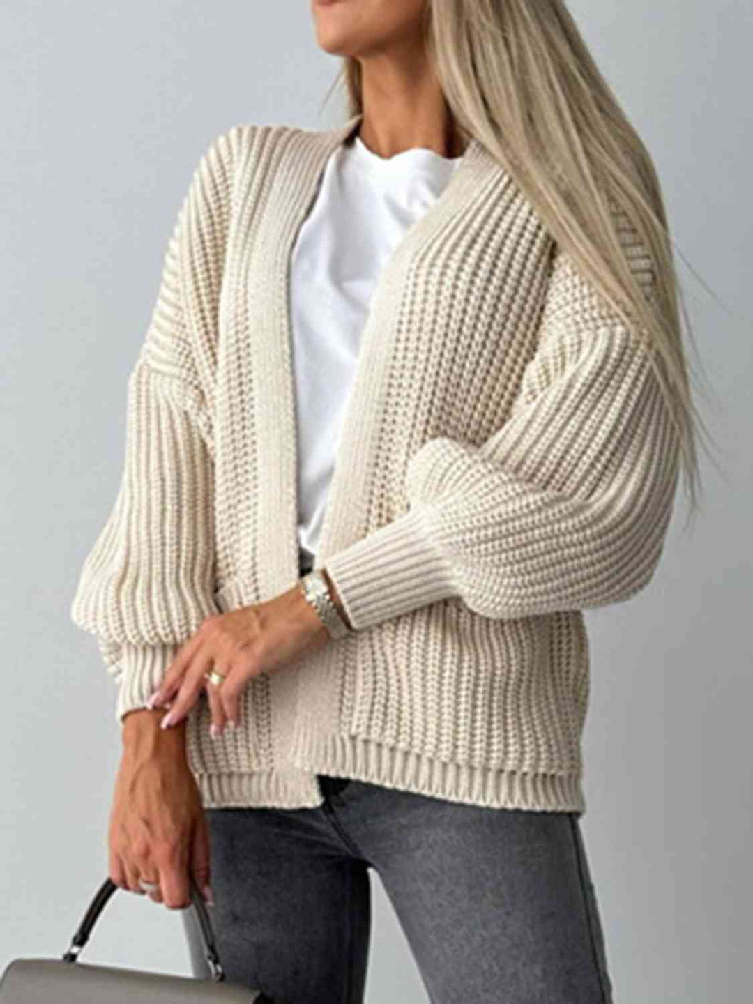 Offener Damen-Cardigan mit überschnittener Schulter – Bequeme lange Strickjacke