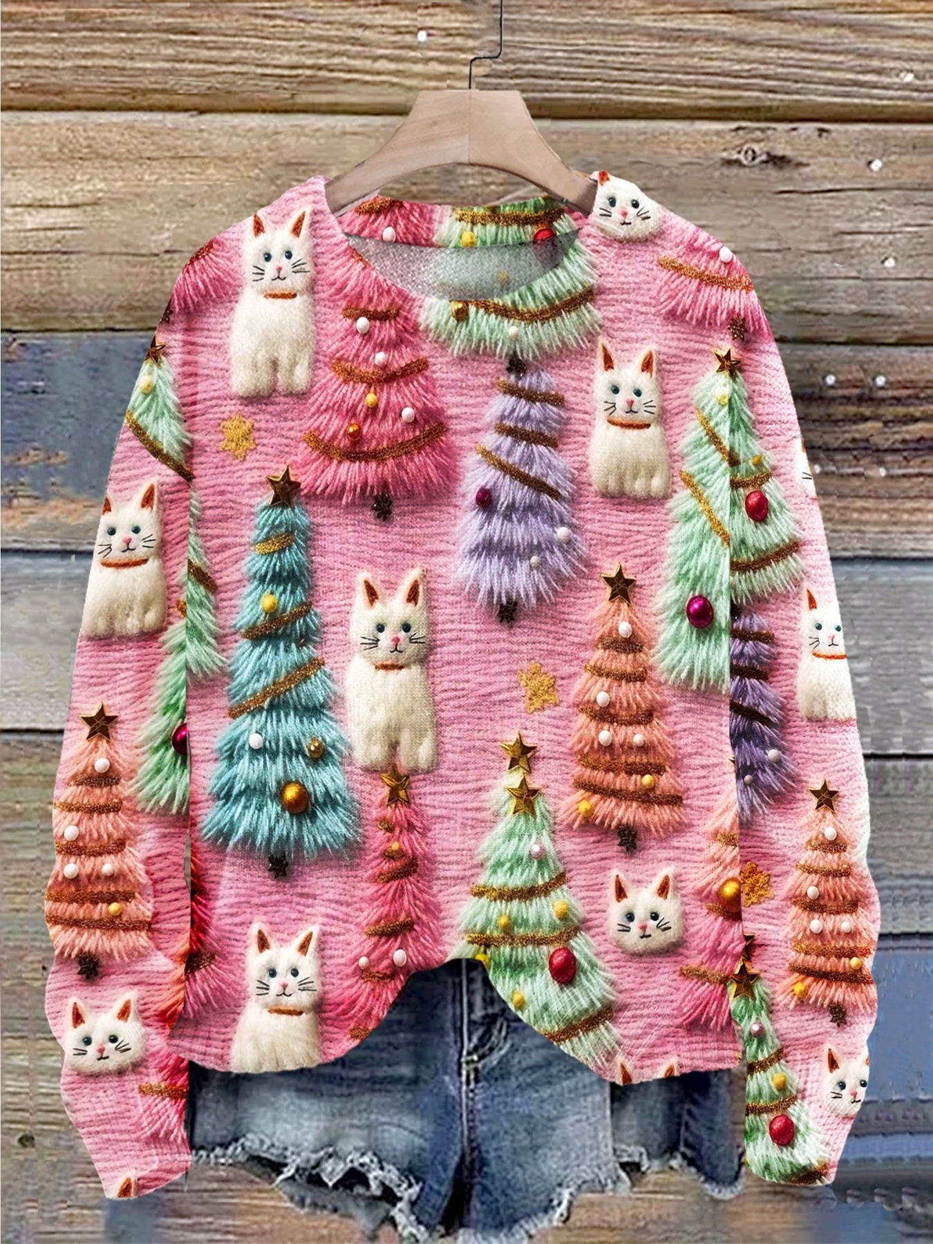 Strickpullover mit 3D-Druck und Niedlicher Weihnachtsbaum-Katze