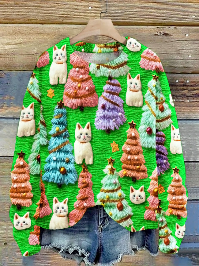 Strickpullover mit 3D-Druck und niedlicher Weihnachtsbaum-Katze