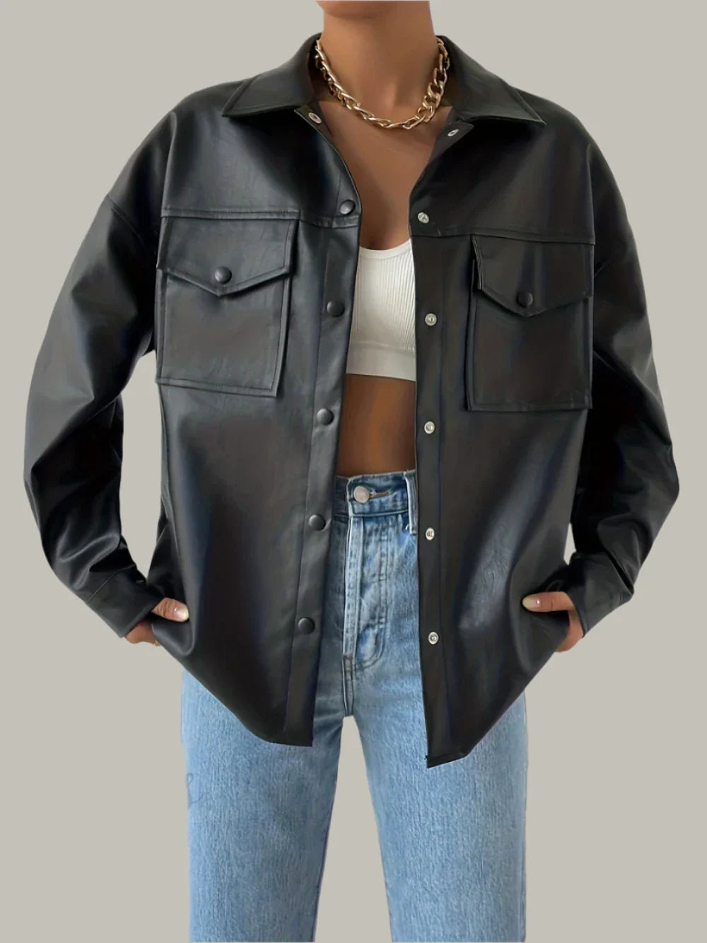 Stylische Damen Moto-Jacke mit Knapfleiste – Langarm Streetwear