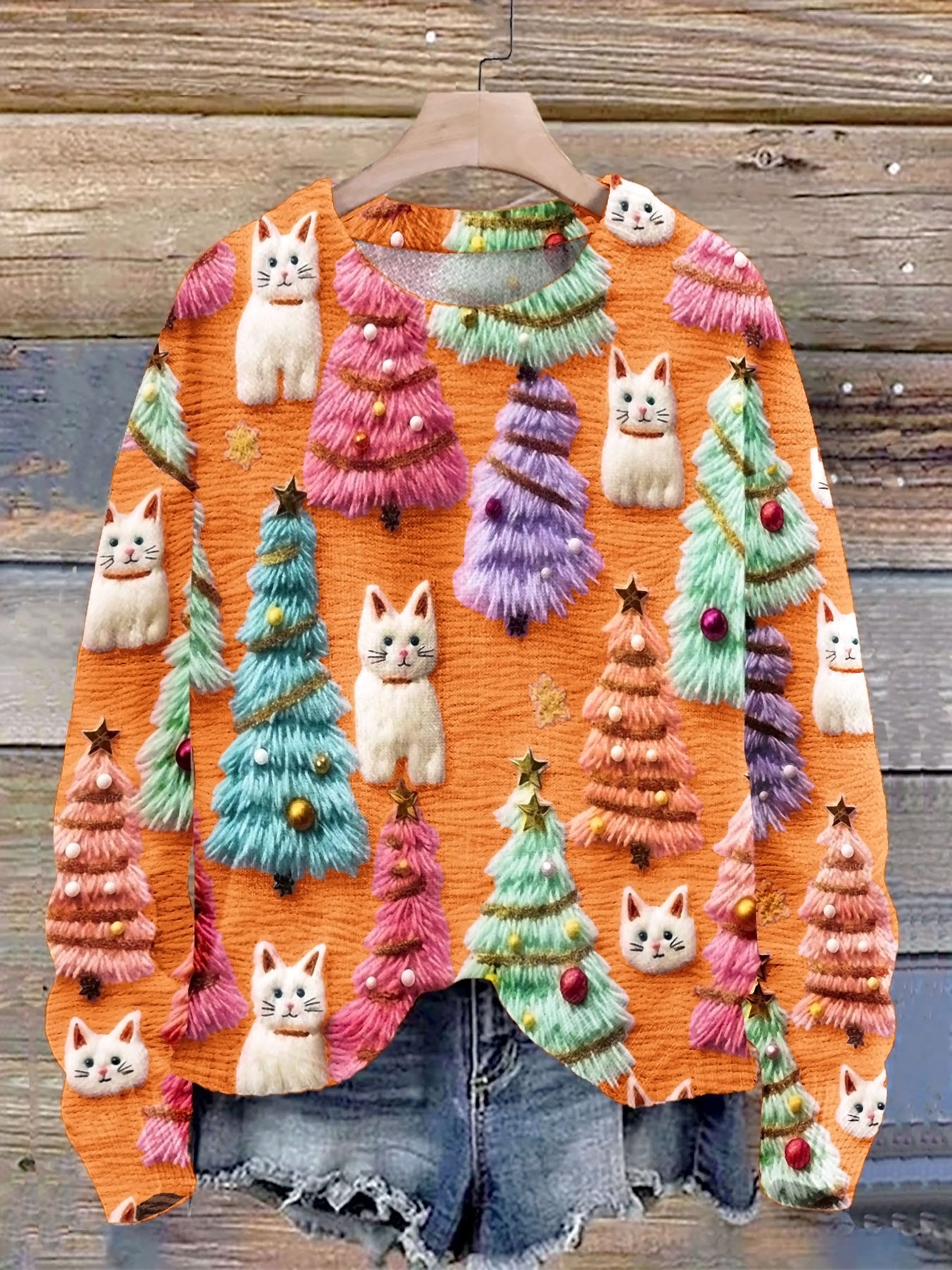 Strickpullover mit 3D-Druck und Niedlicher Weihnachtsbaum-Katze