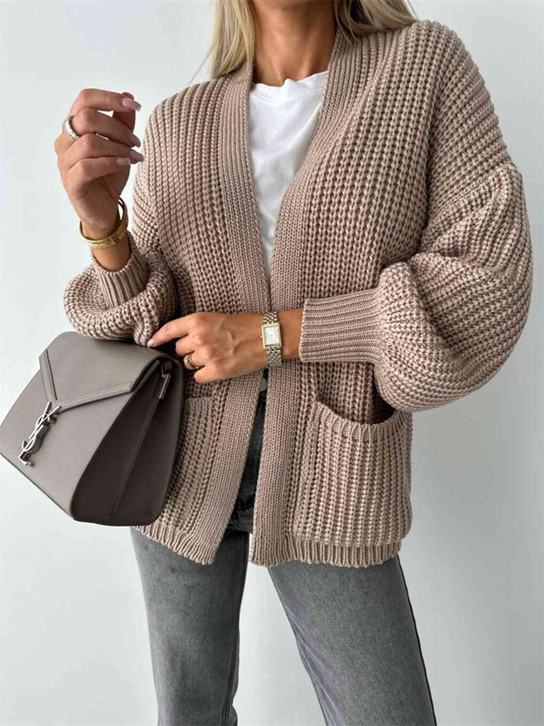 Offener Damen-Cardigan mit überschnittener Schulter – Bequeme lange Strickjacke