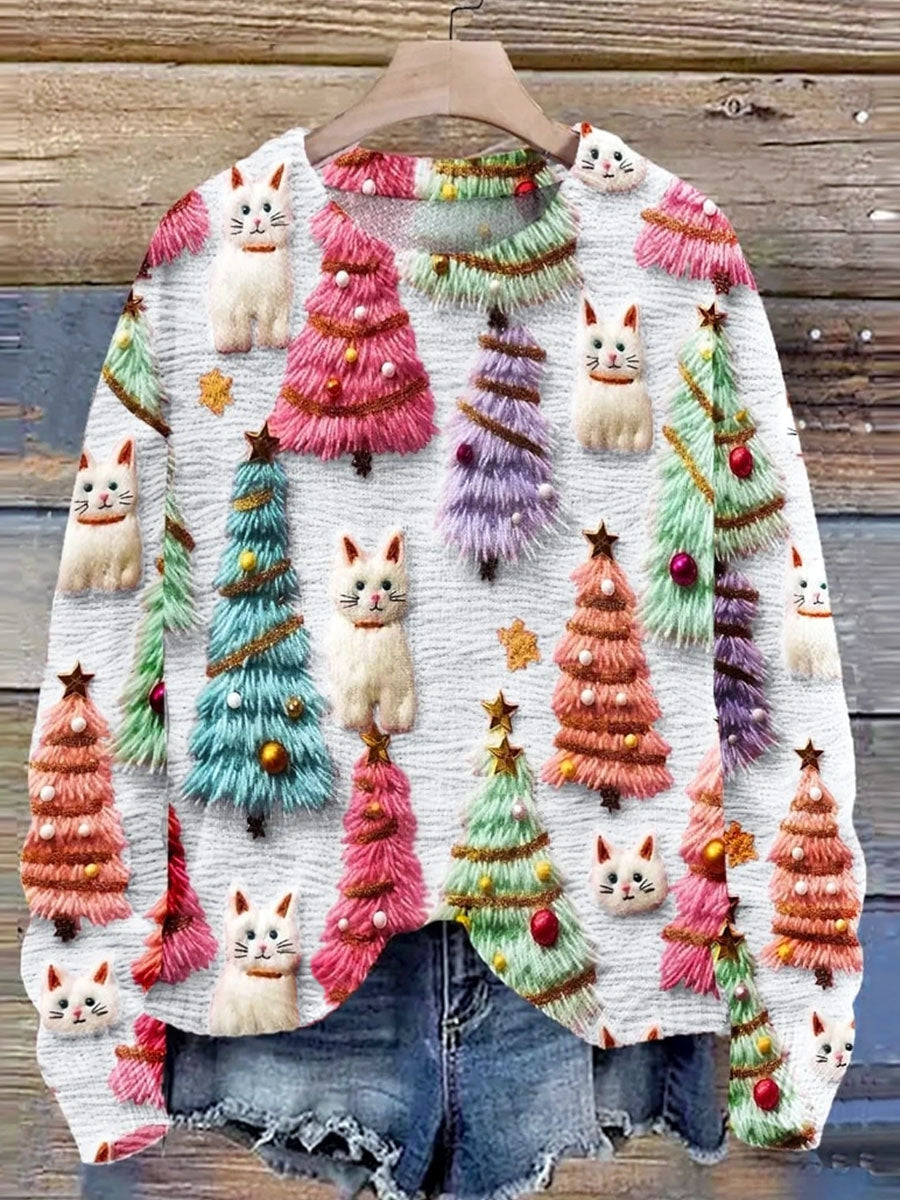 Strickpullover mit 3D-Druck und Niedlicher Weihnachtsbaum-Katze