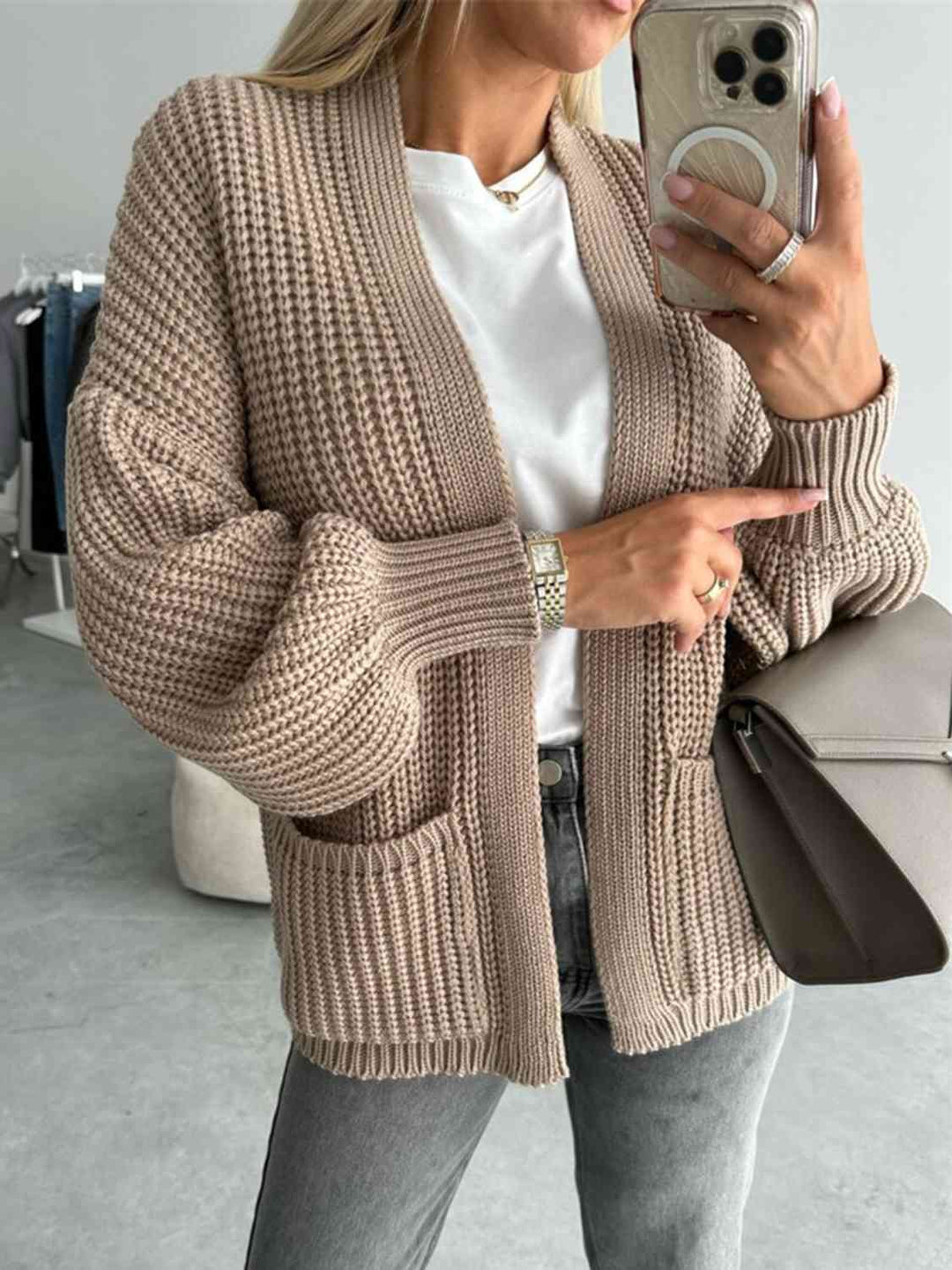 Offener Damen-Cardigan mit überschnittener Schulter – Bequeme lange Strickjacke