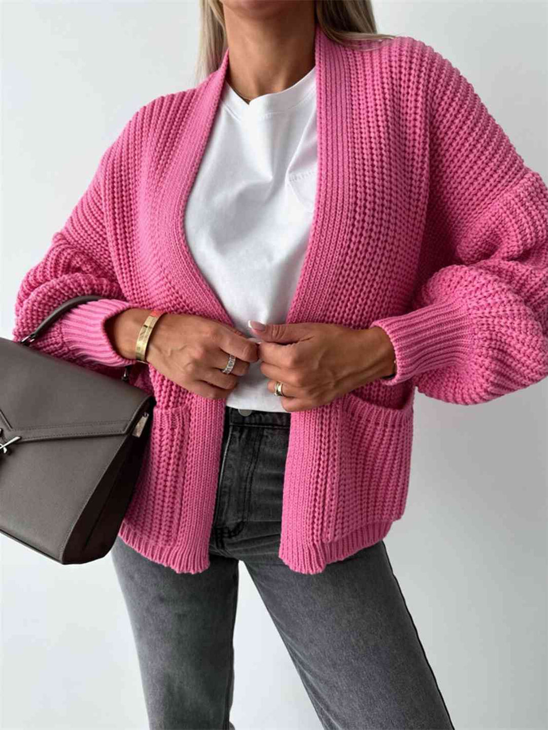 Offener Damen-Cardigan mit überschnittener Schulter – Bequeme lange Strickjacke