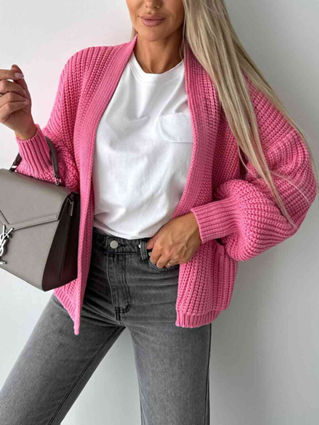 Offener Damen-Cardigan mit überschnittener Schulter – Bequeme lange Strickjacke