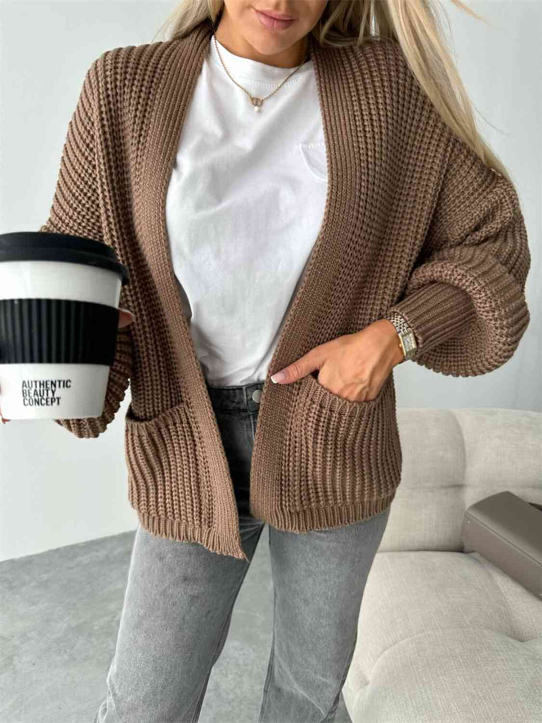 Offener Damen-Cardigan mit überschnittener Schulter – Bequeme lange Strickjacke