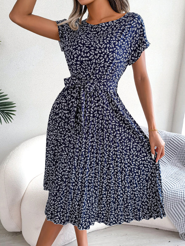 A-Linie Blumenmuster Midi-Kleid mit Taillengürtel