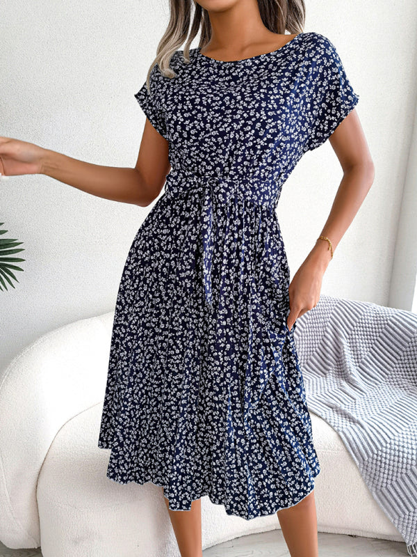 A-Linie Blumenmuster Midi-Kleid mit Taillengürtel