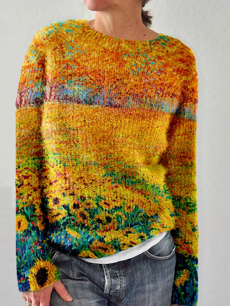 Gemütlicher Pullover mit Sonnenblumenkunstdruck