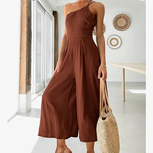 Sommer Jumpsuit mit hoher Taille und weitem Bein in Rostfarbe