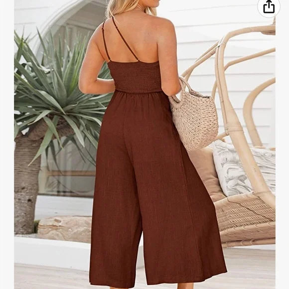 Sommer Jumpsuit mit hoher Taille und weitem Bein in Rostfarbe