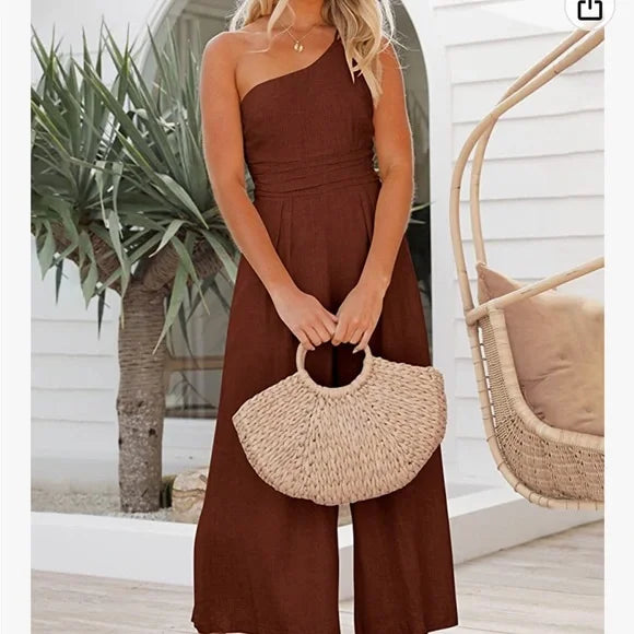 Sommer Jumpsuit mit hoher Taille und weitem Bein in Rostfarbe