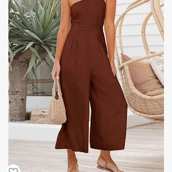 Sommer Jumpsuit mit hoher Taille und weitem Bein in Rostfarbe