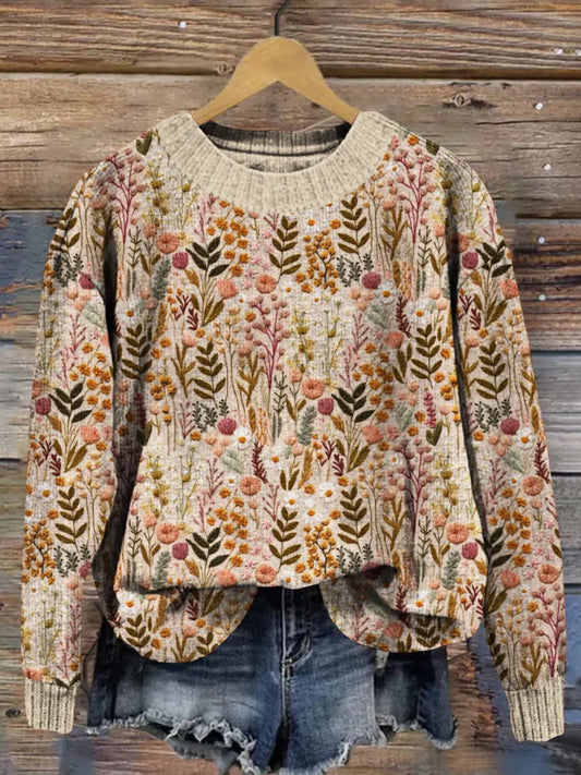 Wildblumenwiese Florale Stickerei Kunst Gemütlicher Pullover