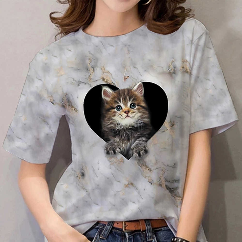 T-Shirt mit 3D-Katzendruck für Damen