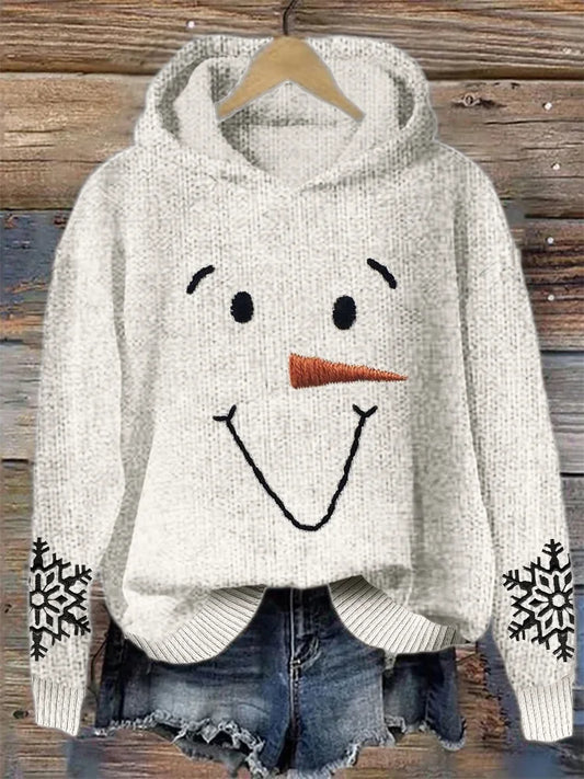 Schönes gestricktes Kapuzensweatshirt mit Schneemanngesicht und Schneeflocken-Stickerei