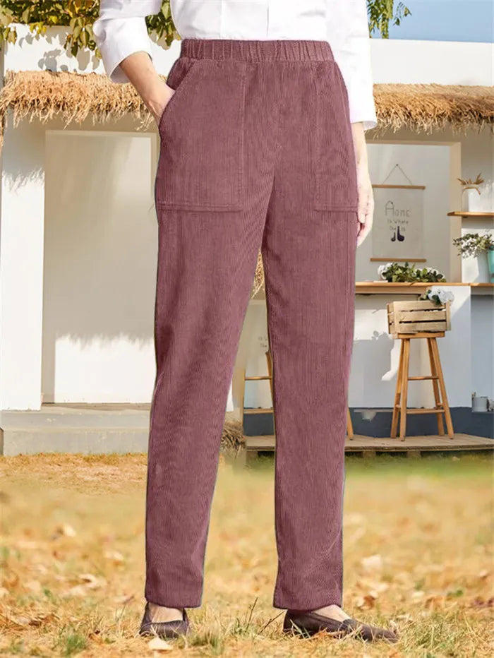 Elastische Cordhosen mit geradem Bein für Damen mit fester Farbe und Taille
