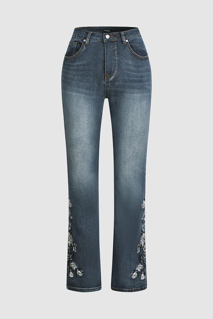 Bootcut-Jeans mit floraler Stickerei und mittlerer Taille