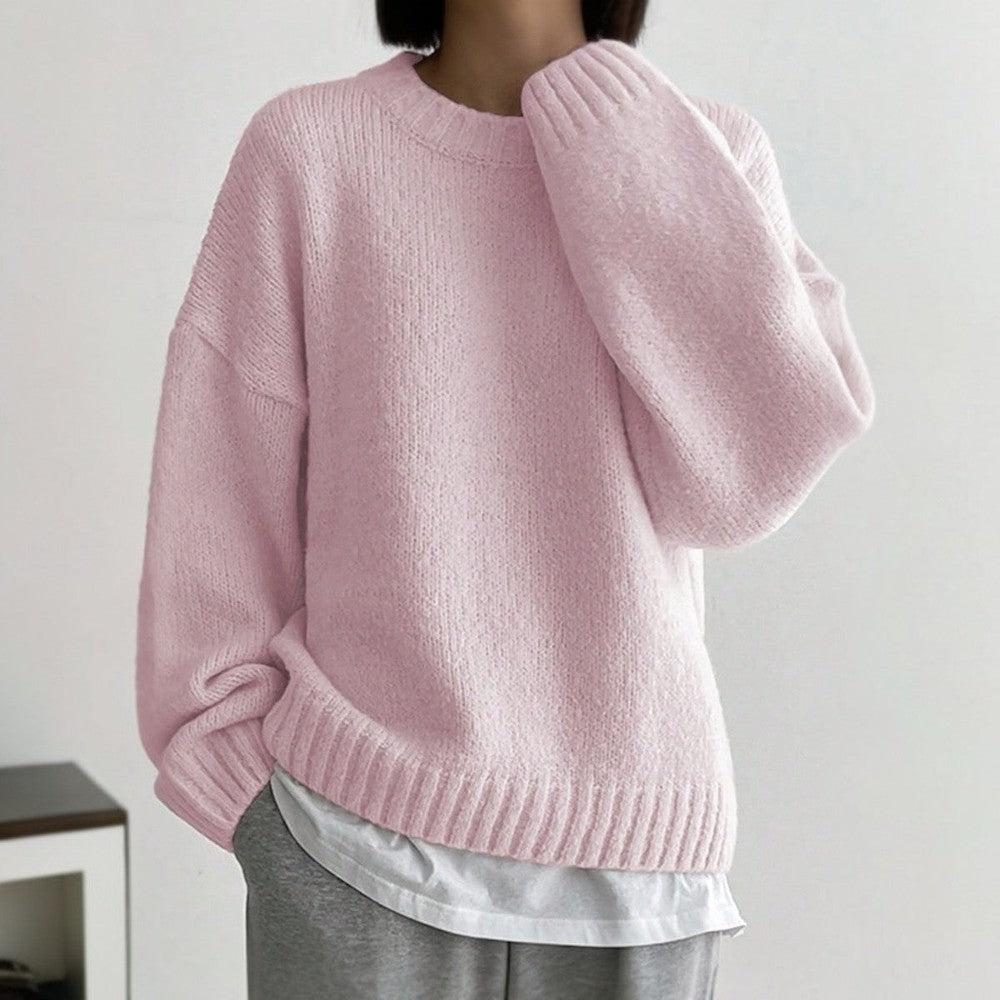 Rosa einfarbiger Pullover mit langen Ärmeln und Rundhalsausschnitt