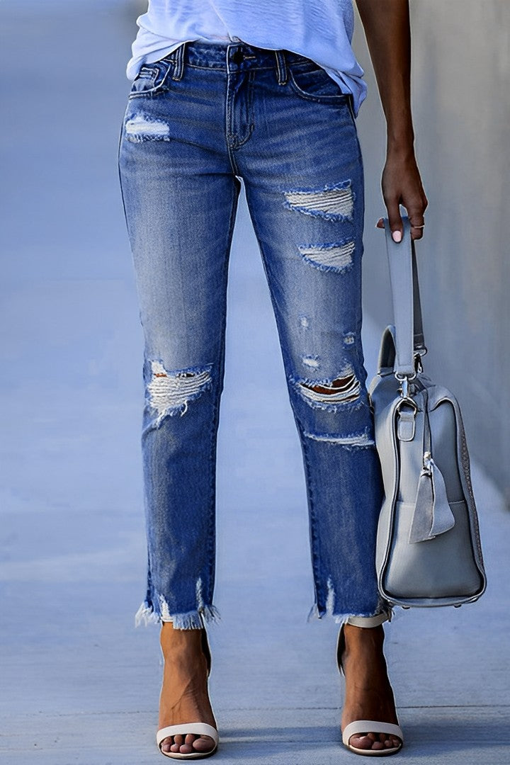 Distressed Raw Hem Straight Leg Jeans