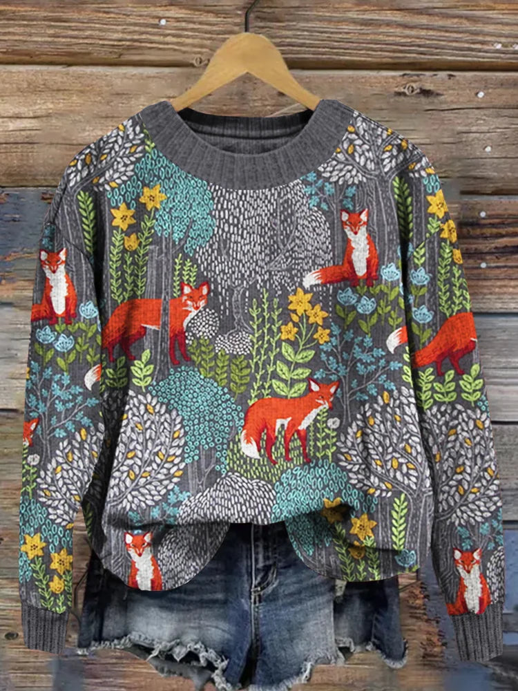 Fuchs im Wald grau vintage bequemer Pullover