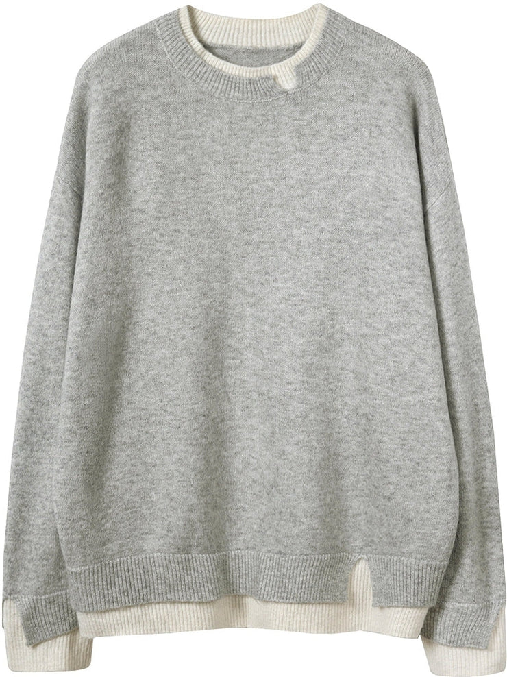 Grau-Weißer Langärmliger Twofer-Pullover mit Cut-Outs