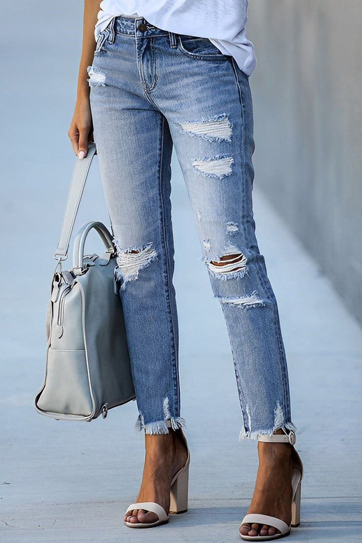 Distressed Raw Hem Straight Leg Jeans